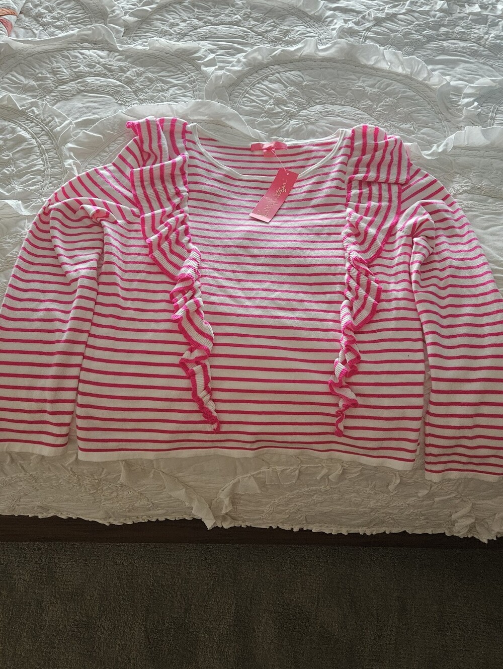 Tango Ruth Pink & White Striped Ruffle Knit Top Lilly Pulitzer XL NWT